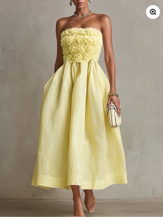 Yohers Dresses & Skirts - Elegant Strapless Floral Bust Midi Dress in Pale Yellow